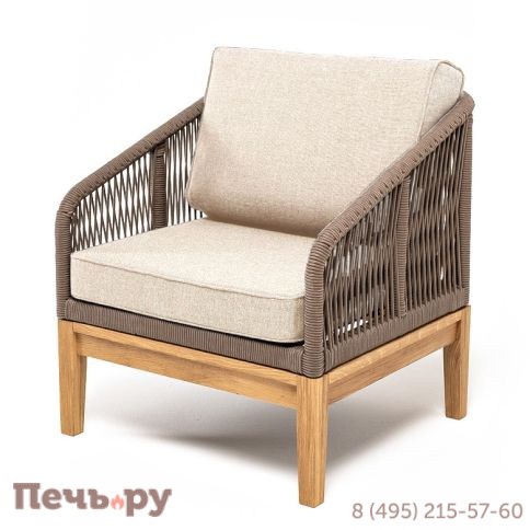 "Канны" кресло плетеное из роупа, основание дуб, роуп коричневый круглый, ткань бежевая 052 фото