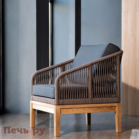 "Канны" кресло плетеное из роупа, основание дуб, роуп коричневый круглый, ткань темно-серая 027 фото 13