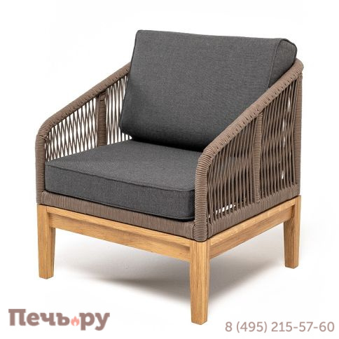 "Канны" кресло плетеное из роупа, основание дуб, роуп коричневый круглый, ткань темно-серая 027 фото