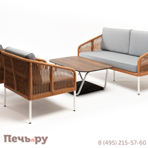 Лаунж-зона 4SiS Канны 4-местная из роупа со столом Глория цвет дуб, каркас алюминиевый белый, роуп оранжевый меланж фото