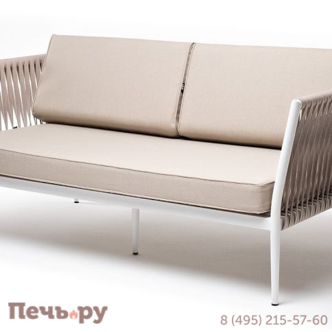 "Касабланка" диван 2-местный плетеный из роупа, каркас алюминий белый муар, роуп бежевый 20мм, ткань бежевая 15052 фото