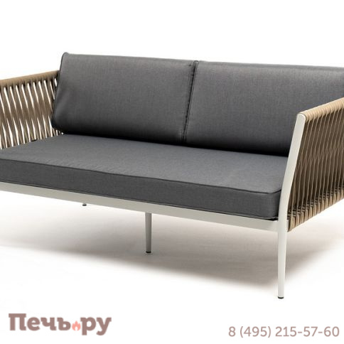 "Касабланка" диван 2-местный плетеный из роупа, каркас алюминий светло-серый (RAL7035) муар, роуп серо-коричневый 23мм, ткань серая 017 фото