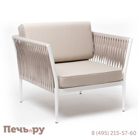 "Касабланка" кресло плетеное из роупа, каркас алюминий белый муар, роуп бежевый 20мм, ткань бежевая 15052 фото 3