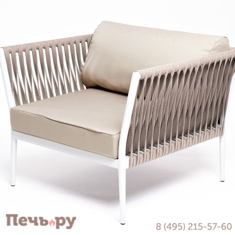 "Касабланка" кресло плетеное из роупа, каркас алюминий светло-серый (RAL7035) муар, роуп серо-коричневый 23мм, ткань бежевая 052 фото