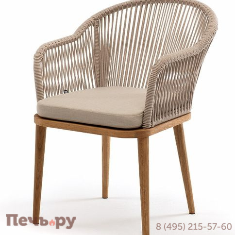 "Лион" стул плетеный из роупа, основание дуб, роуп бежевый круглый, ткань бежевая 052 фото