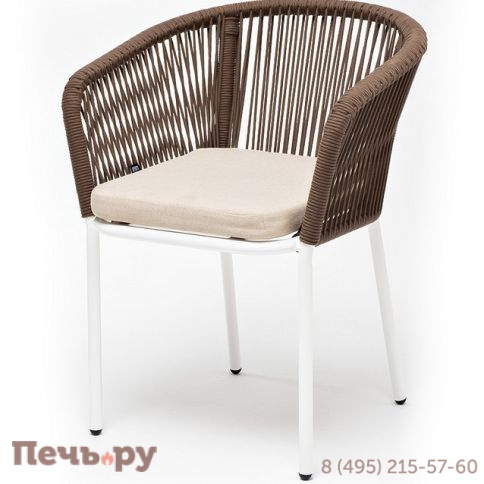 "Марсель" стул плетеный из роупа, каркас алюминий белый муар, роуп коричневый круглый, ткань бежевая 052 фото