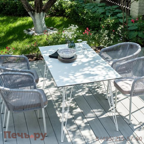 "Марсель" стул плетеный из роупа, каркас алюминий белый муар, роуп светло-серый круглый, ткань светло-серая фото 12