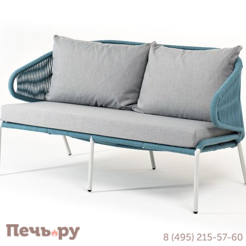 "Милан" диван 2-местный плетеный из роупа, каркас алюминий светло-серый (RAL7035) муар, роуп бирюзовый круглый, ткань светло-серая фото