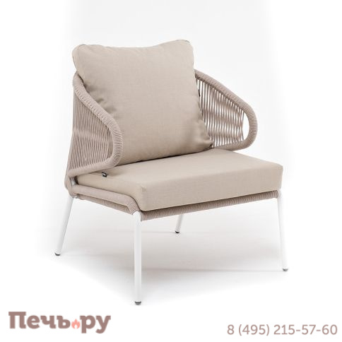 "Милан" кресло плетеное из роупа, каркас алюминий белый муар, роуп бежевый круглый, ткань бежевая 052 фото 2