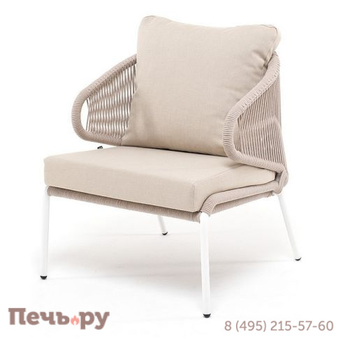 "Милан" кресло плетеное из роупа, каркас алюминий белый муар, роуп бежевый круглый, ткань бежевая 052 фото