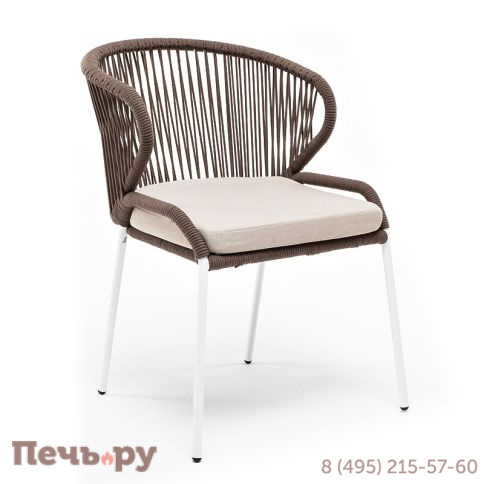 "Милан" стул плетеный из роупа, каркас алюминий белый муар, роуп коричневый круглый, ткань бежевая 052 фото 2