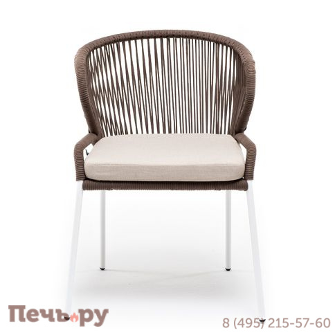 "Милан" стул плетеный из роупа, каркас алюминий белый муар, роуп коричневый круглый, ткань бежевая 052 фото 3