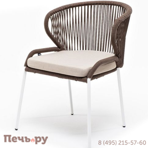 "Милан" стул плетеный из роупа, каркас алюминий белый муар, роуп коричневый круглый, ткань бежевая 052 фото