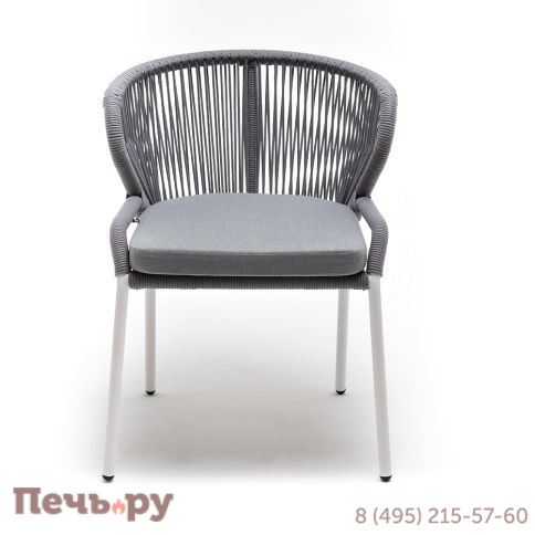 "Милан" стул плетеный из роупа, каркас алюминий белый муар, роуп светло-серый круглый, ткань светло-серая фото 2