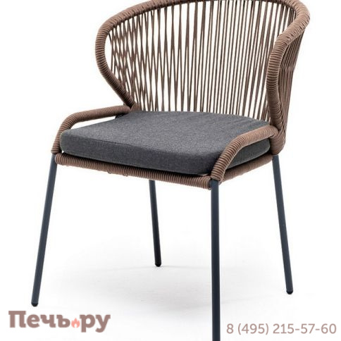 "Милан" стул плетеный из роупа, каркас алюминий серый (RAL7022) муар, роуп коричневый круглый, ткань темно-серая 027 фото