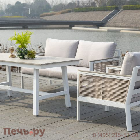 "Сан Ремо" кресло плетеное из роупа садовое, каркас алюминий белый, роуп бежевый, ткань бежевая фото 5