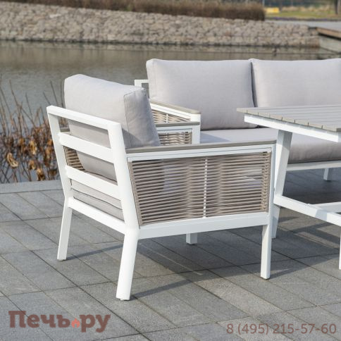 "Сан Ремо" кресло плетеное из роупа садовое, каркас алюминий белый, роуп бежевый, ткань бежевая фото 6