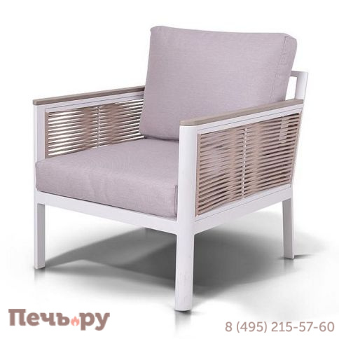 "Сан Ремо" кресло плетеное из роупа садовое, каркас алюминий белый, роуп бежевый, ткань бежевая фото