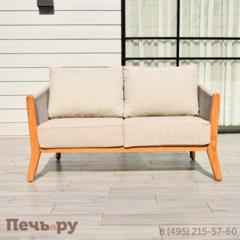 "Сидней" диван 2-местный плетеный из роупа, основание тик, каркас алюминий бежевый, роуп бежевый, ткань бежевая фото 2