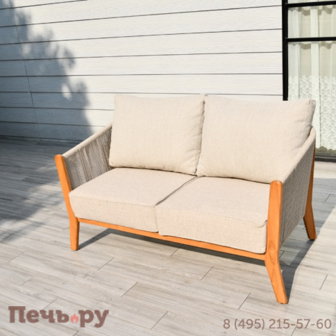 "Сидней" диван 2-местный плетеный из роупа, основание тик, каркас алюминий бежевый, роуп бежевый, ткань бежевая фото