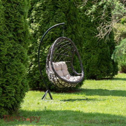 "Венеция" подвесное кресло-кокон из искусственного ротанга, цвет соломенный с бежевой подушкой фото 3