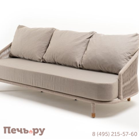 "Верона" диван 3-местный плетеный из роупа, каркас алюминий белый муар, роуп бежевый круглый, ткань бежевая 15052 фото