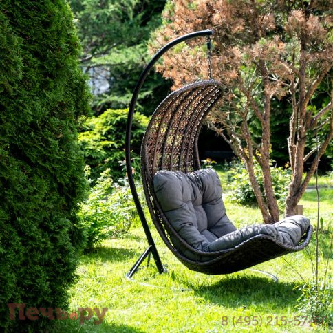 "Виши" подвесное кресло-кокон из искусственного ротанга, цвет коричневый с серо-коричневой подушкой фото 2