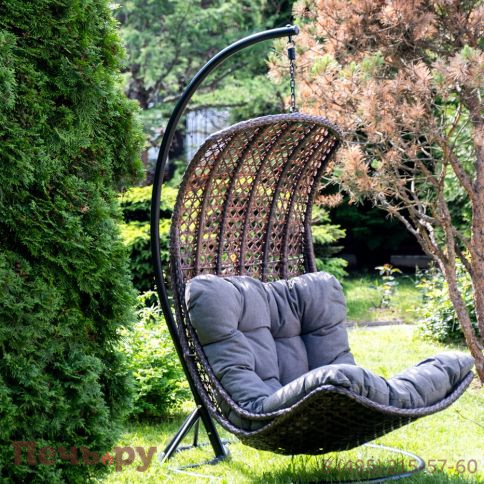 "Виши" подвесное кресло-кокон из искусственного ротанга, цвет коричневый с серо-коричневой подушкой фото 3