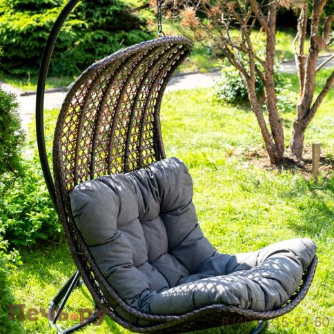 "Виши" подвесное кресло-кокон из искусственного ротанга, цвет коричневый с серо-коричневой подушкой фото
