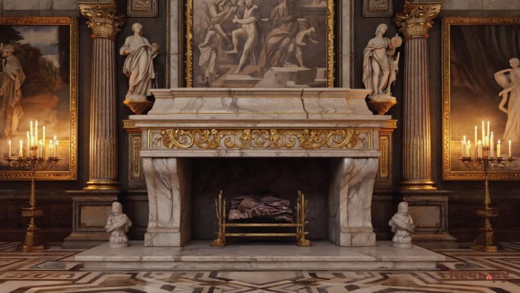 Камин в зале в эпоху возрождения с колоннами и мозайкой интерьер роскошный с картинами и статуями (1).jpg