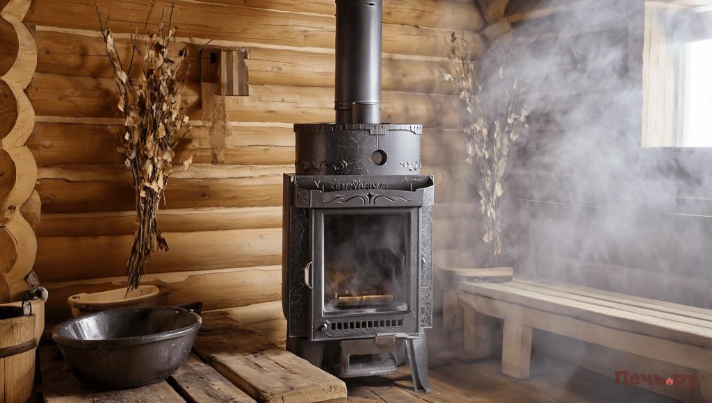 Gen4 Печь стоит в деревенской бане рядом лавка веники вокруг пар и окошко и тазики 2780532554.jpg
